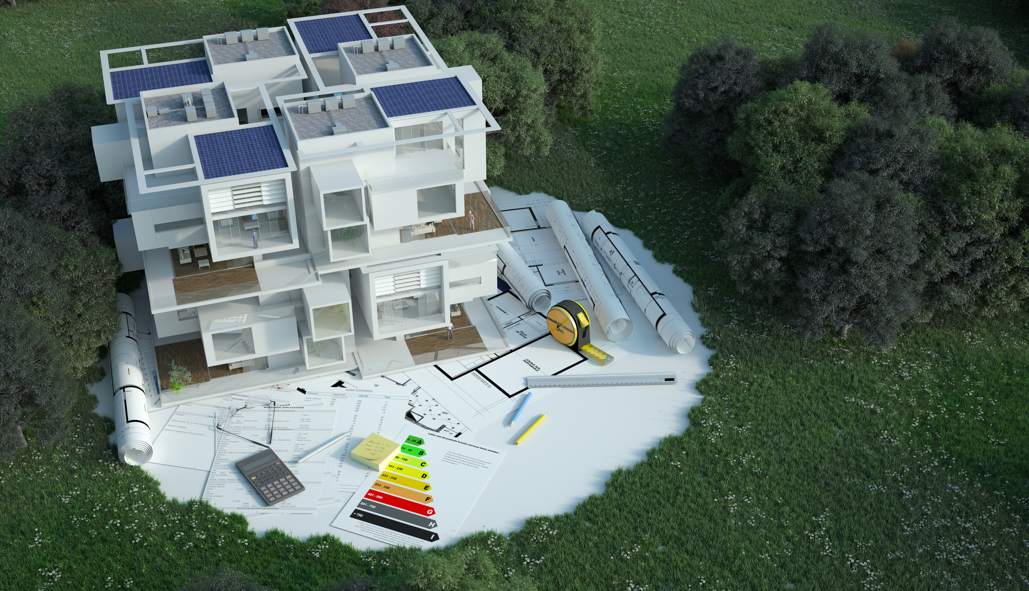 3D rendering  of a house with blueprints, energy charts and other documents in a field